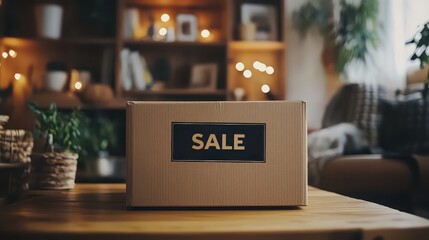 Cardboard box with sale sign on table in cozy living room during sale