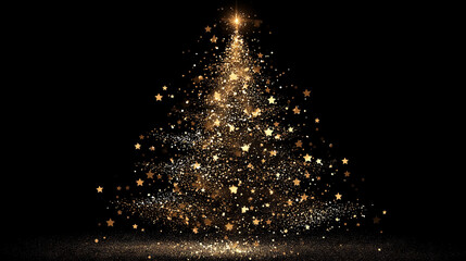 Golden star glitter Christmas tree on black background