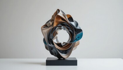 Abstract metal sculpture with swirling design on a black base against a white background