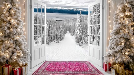 Cozy Winter Scene with Snow-Covered Trees, Open Doors, and Festive Decorations in a Beautiful Landscape