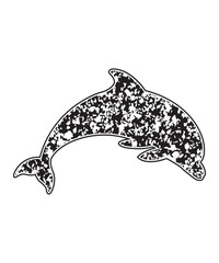 Grunge Dolphin Silhouette Illustration with Black Abstract Pattern.