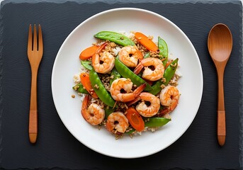 A white plate filled with a delicious shrimp and vegetable stirfry, served with rice and garnished with fresh herbs