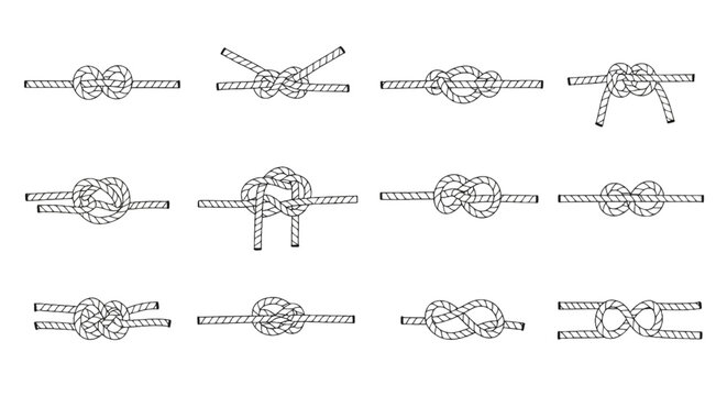 Rope Knots Vector Line Icons Set, Nautical Sailing Climbing Tying Guide Illustration