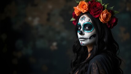 Día de Muertos Portrait | Elegant Sugar Skull Calavera Makeup with Floral Crown