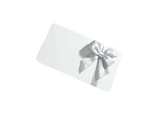 A white gift card with a silky bow, presented against a stark black backdrop