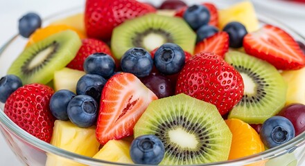 Obraz premium A colorful medley of fresh fruits in a glass bowl creates a vibrant, healthy and visually appealing display of