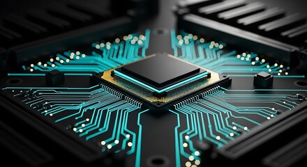 High quality image of closeup of a central computer processor chip on a circuit board with glowing cyan light emanating from its intricate pathways