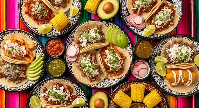 Vibrant overhead view of a delicious spread of tacos and accompaniments, perfect for celebrating National Taco Day with a feast