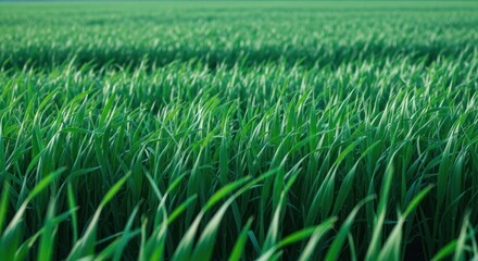 Fototapeta premium Close-up of a vibrant green field of young grass or crop stalks, blurred background