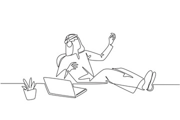 Continuous one line drawing Arab man wear headphone sits on a chair with hands forms a gesture as plays guitar. Take a break. Enjoy. National Sing Out Day. Single line draw design vector illustration