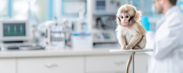 Monkey sits on table in laboratory, showcasing curiosity and innocence in scientific environment