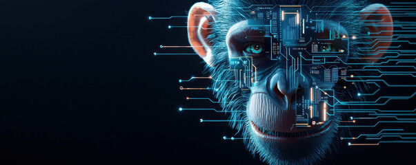 Futuristic monkey with digital circuit board integrated into its face symbolizes intersection of technology and nature in laboratory setting