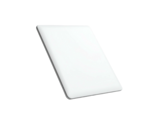 Angled view of a white, rectangular, electronic device with a dark background