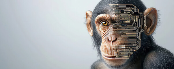 Monkey in laboratory setting showcases unique blend of nature and technology, highlighting intersection of biology and innovation