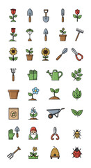 Vibrant set of gardening icons, showcasing tools, plants, and charming garden elements for digital and print designs