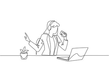 Single continuous line drawing a business woman using headphones sitting singing holding a coffee paper cup. A short break. Leisure. Enjoy. National Sing Out Day. One line design vector illustration