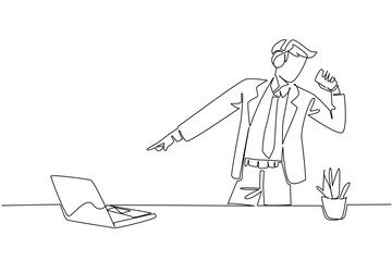 Single one line drawing businessman stands wear headphone and holds coffee paper cup as mic. Excitement like being at music concert. National Sing Out Day. Continuous line design graphic illustration