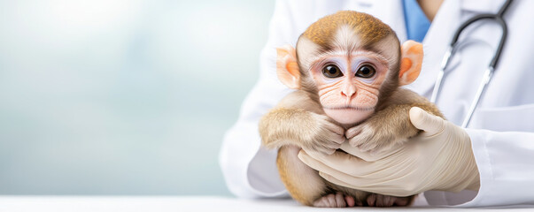 Monkey in laboratory setting is being gently held by person in white coat, showcasing caring and professional atmosphere