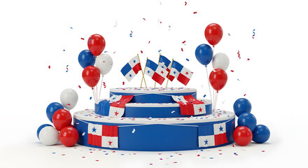 Festive podium decorated with Panama flags, balloons in red, white, blue, confetti, panama independence day