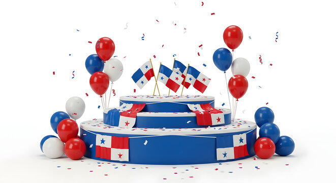 Festive podium decorated with Panama flags, balloons in red, white, blue, confetti, panama independence day