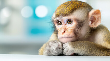 Curious monkey sits in laboratory, gazing thoughtfully with its hands clasped, showcasing moment of contemplation and innocence