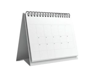 A blank white desk calendar sits open, showing days, spiral-bound