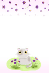 紫の花とネコの背景〈ハガキ〉　H-2