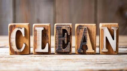 Clean Concept in Wooden Block Letters on Rustic Wooden Background Surface