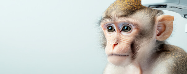 Curious monkey observes its surroundings in laboratory setting, showcasing intelligence and wonder