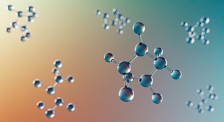Dynamic molecular structures with glowing translucent spheres and interconnected bonds float against a vibrant gradient background, symbolizing scientific innovation and discovery.