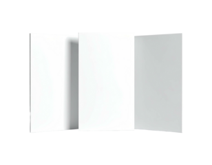 A triptych of white, blank panels on a stark black backdrop