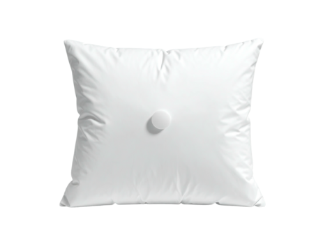 Soft, square white pillow with a button in the center, set against a black backdrop