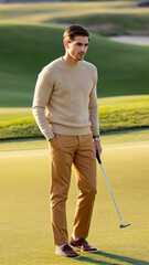 Caucasian gentleman in neutral-toned cashmere sweater and slacks playing golf on a well-kept field. Elegant lifestyle, Old Money aesthetic, and leisure concept.