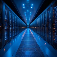 Fototapeta premium symmetrical data center interior with blue server lights and dramatic perspective