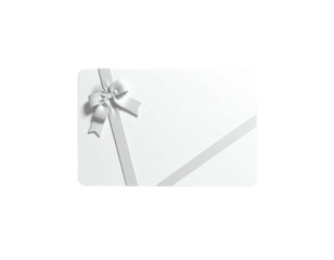 A white gift card with a ribbon and bow on a black background