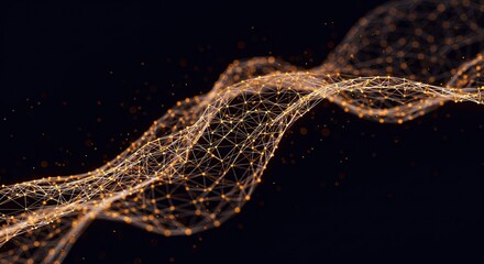 Dynamic abstract network of glowing golden nodes and lines flowing across a dark background, representing data, connection, and digital innovation.