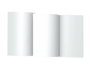 A tri-fold brochure with blank white panels against a black background