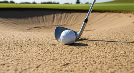 Golf Ball and Club Ready for a Sand Trap Shot on a Sunny Day