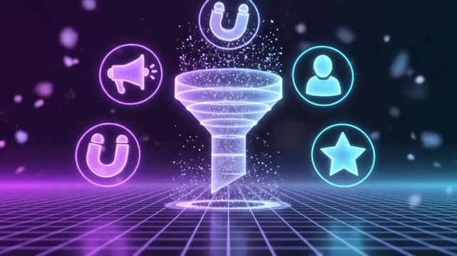 A digital funnel processes information, attracting viewers, with marketing icons and stars, representing the concept of customer acquisition.