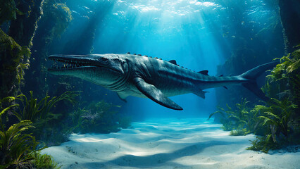 Realistic depiction of a massive Basilosaurus in a prehistoric ocean teeming with marine life. Educational, scientific, or fantasy-themed visual content.