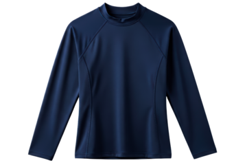 Dark blue long-sleeve athletic rash guard for sun protection on a transparent background