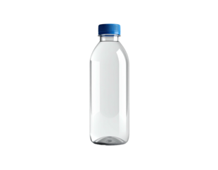 Transparent, cylindrical bottle with blue cap, isolated on a black background