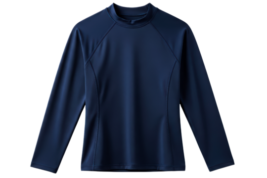 Dark blue long-sleeve athletic rash guard for sun protection on a transparent background