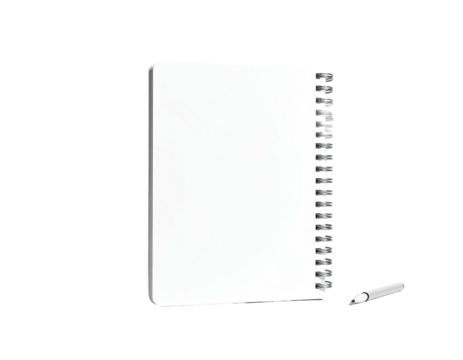 An open, blank spiral notebook with a pen, isolated on a stark black background