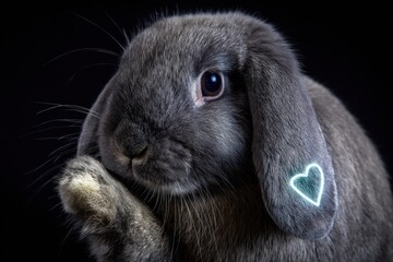 A grey lop-eared rabbit with a glowing heart outline on its ear, against a black backdrop