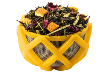 Yellow silicone tea infuser filled with loose-leaf herbal tea on a transparent background