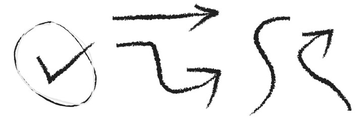 Collection of hand drawn arrows, set of marker drawn doodles Hand drawn arrows. Abstract black arrows in various directions. Arrows pointing left, right, up, and down. 