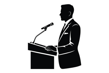 Black silhouette of a man speaking at a podium microphone