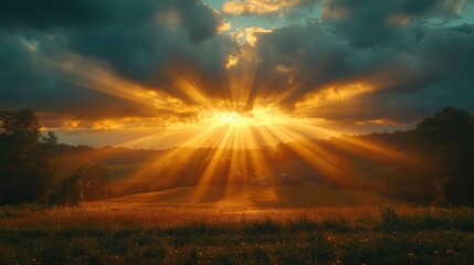 Golden Dawn's Embrace: The sun's radiant rays burst through the clouds, painting a breathtaking landscape with golden hues as it ascends over a field.