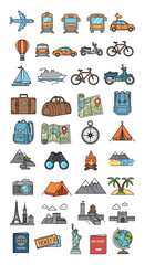 Collection of Travel, Transportation, and Adventure Icons Plane, Train, Car, Bicycle, and More
